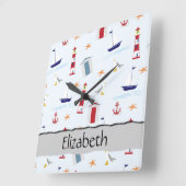 Nautical Pattern, Marine Pattern, Jouw naam Vierkante Klok (Hoek)