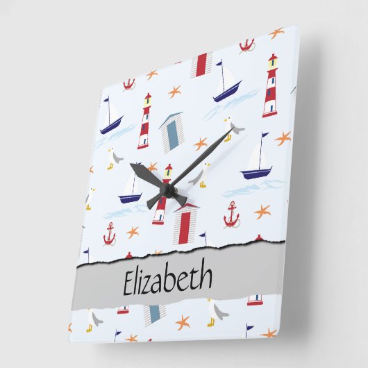 Nautical Pattern, Marine Pattern, Jouw naam Vierkante Klok (Hoek)
