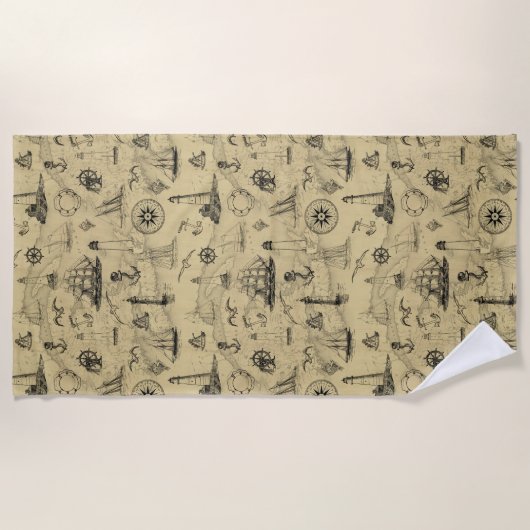 Nautical Pattern Old Map Achtergrond Strandlaken (Voorkant)