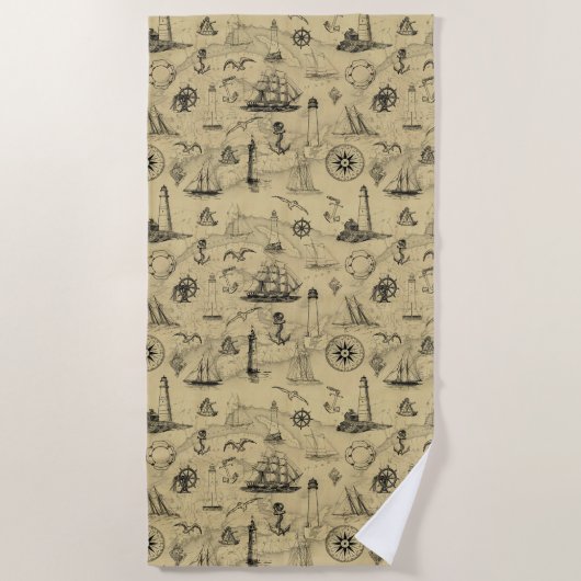 Nautical Pattern Old Map Achtergrond Strandlaken (Voorkant)