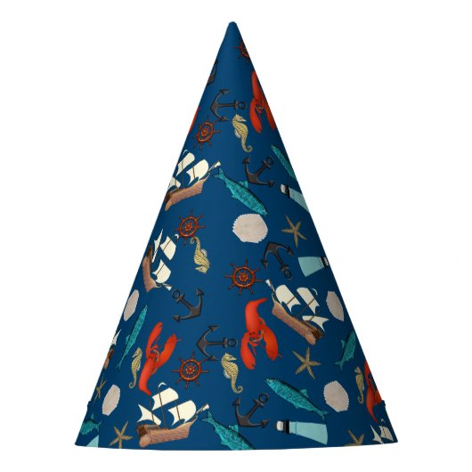 Nautical Pattern On Navy Blue Feesthoedjes (Voorkant)