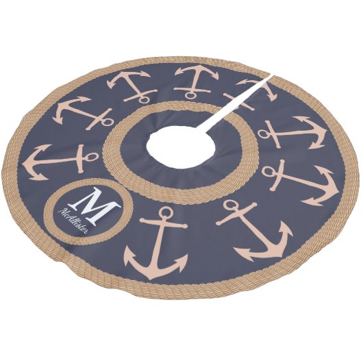 Nautical Peach Anchors on Navy Blue - Familienaam Kerstboom Rok (Gekanteld)