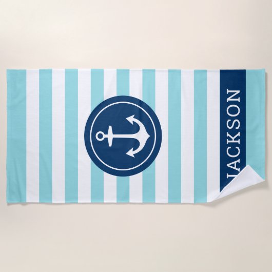 Nautical Personalised Name Navy Aqua Striped Strandlaken (Voorkant)