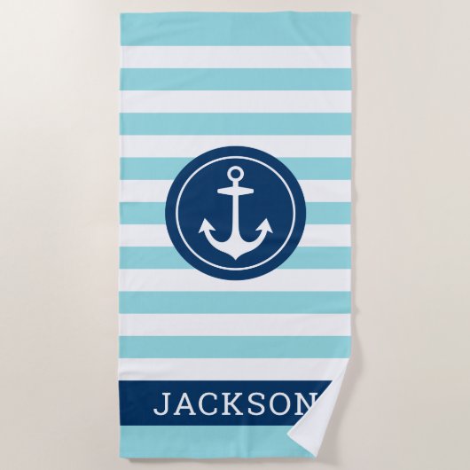 Nautical Personalised Name Navy Aqua Striped Strandlaken (Voorkant)