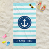 Nautical Personalised Name Navy Aqua Striped Strandlaken