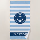 Nautical Personalised Name Navy Blue Striped Strandlaken (Voorkant)