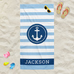 Nautical Personalised Name Navy Blue Striped Strandlaken<br><div class="desc">Het gepersonaliseerde ontwerp van de handdoek van het strand kenmerkt een nautisch ontwerp met rond ontworpen bootanker en douanetekst in eenvoudig en modern serif het schrijven dat met een voornaam kan worden gepersonaliseerd. Het blauw van de zeemacht cirkelontwerp en het tekst lijst contrasteert een gestreepte lichtrekkerovlakke blauwe en witte achtergrond...</div>