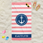 Nautical Personalised Name Navy Pink Striped Strandlaken<br><div class="desc">Het gepersonaliseerde ontwerp van de handdoek van het strand kenmerkt een nautisch ontwerp met rond ontworpen bootanker en douanetekst in eenvoudig en modern serif het schrijven dat met een voornaam kan worden gepersonaliseerd. Het blauw cirkelvormig ontwerp en het lijst van de zeemacht contrasteert een gestreepte roze en witte achtergrond met...</div>