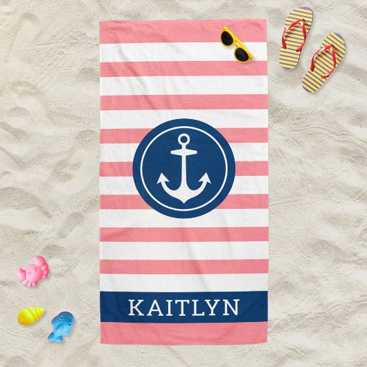 Nautical Personalised Name Navy Pink Striped Strandlaken