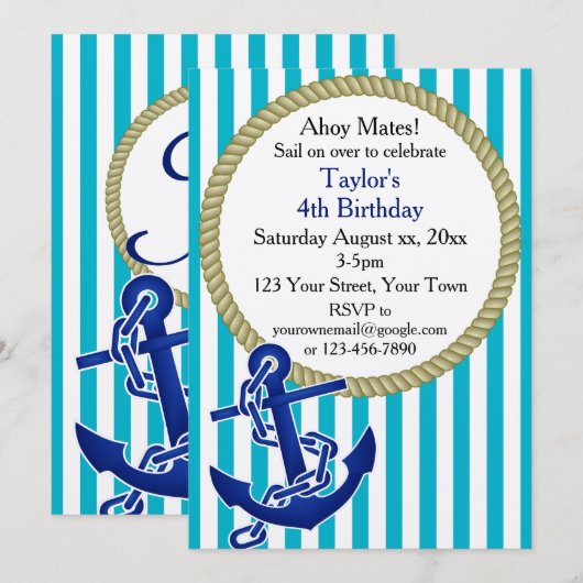 Nautical Personalized Birthday Party Kaart (Voorkant / Achterkant)