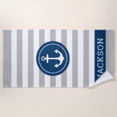 Nautical Personalized Name Navy Gray Striped Strandlaken (Voorkant)