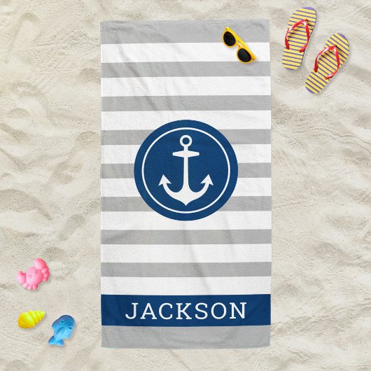 Nautical Personalized Name Navy Gray Striped Strandlaken