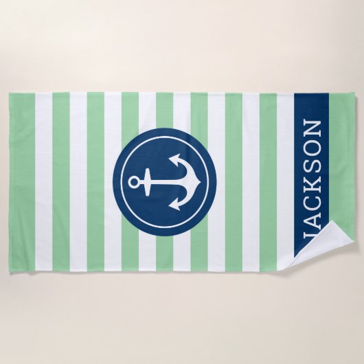 Nautical Personalized Name Navy Green Striped Strandlaken (Voorkant)