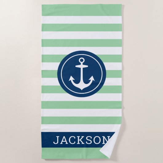 Nautical Personalized Name Navy Green Striped Strandlaken (Voorkant)