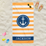 Nautical Personalized Name Navy Oranje Striped Strandlaken<br><div class="desc">Het gepersonaliseerde ontwerp van de handdoek van het strand kenmerkt een nautisch ontwerp met rond ontworpen bootanker en douanetekst in eenvoudig en modern serif het schrijven dat met een voornaam kan worden gepersonaliseerd. Het blauw van de zeemacht cirkelontwerp en het tekst lijst contrasteert een gestreepte oranje en witte achtergrond met...</div>