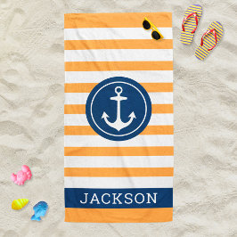 Nautical Personalized Name Navy Oranje Striped Strandlaken