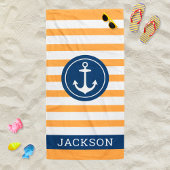 Nautical Personalized Name Navy Oranje Striped Strandlaken