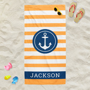 Nautical Personalized Name Navy Oranje Striped Strandlaken