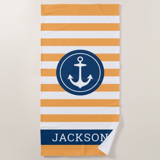 Nautical Personalized Name Navy Oranje Striped Strandlaken (Voorkant)