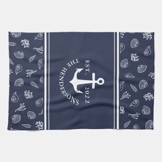 Nautical Personalized Navy Blue Anchor Family Theedoek (Horizontaal)
