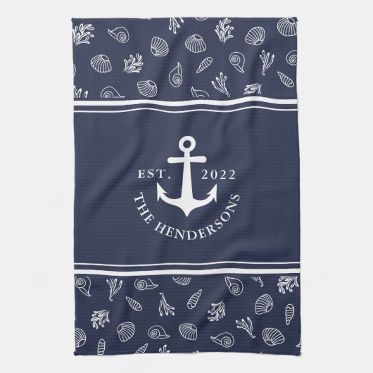 Nautical Personalized Navy Blue Anchor Family Theedoek (Verticaal)