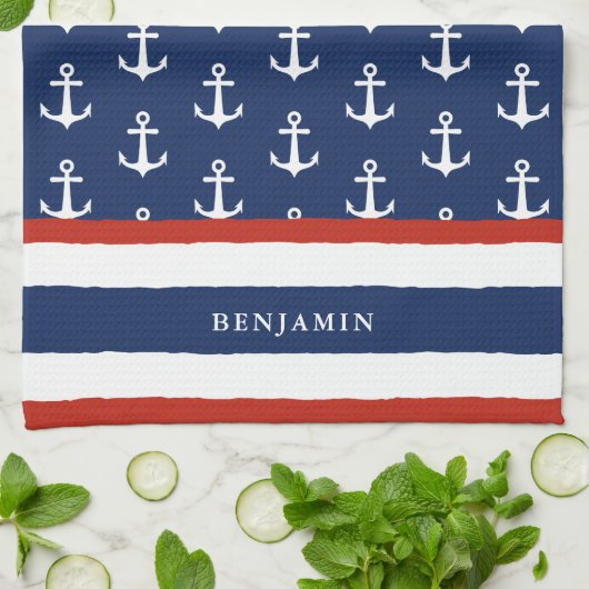 Nautical Personalized Navy Blue White Anchor Theedoek (Gevouwen)