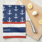 Nautical Personalized Navy Blue White Anchor Theedoek (Quarter Fold)