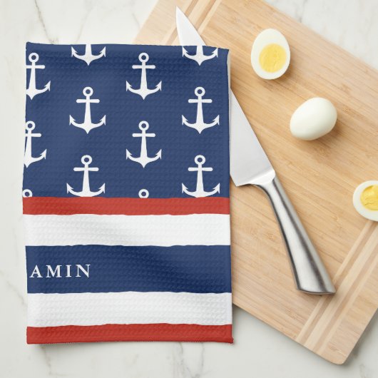 Nautical Personalized Navy Blue White Anchor Theedoek (Quarter Fold)