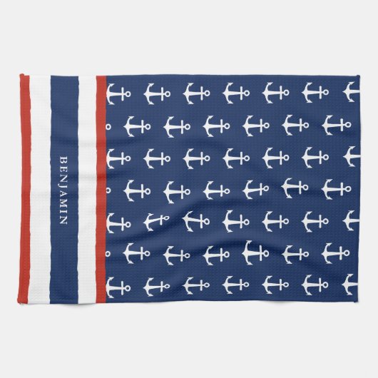 Nautical Personalized Navy Blue White Anchor Theedoek (Horizontaal)
