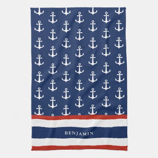 Nautical Personalized Navy Blue White Anchor Theedoek (Verticaal)