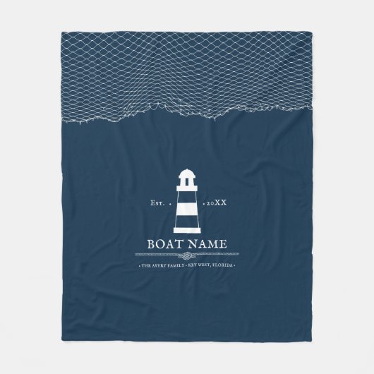 Nautical Personalized vuurtoren Blue Boat Name Fleece Deken (Voorkant)