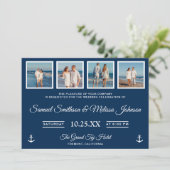 Nautical Photo Collage Navy Wedding Invitation Kaart (Staand voorkant)