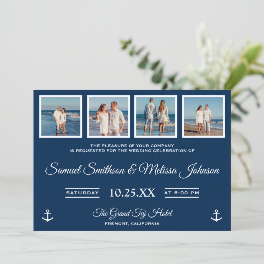 Nautical Photo Collage Navy Wedding Invitation Kaart (Staand voorkant)