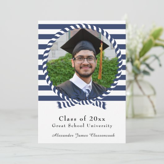 Nautical Photo Navy Blue White Strees Afstuderen Aankondiging (Staand voorkant)