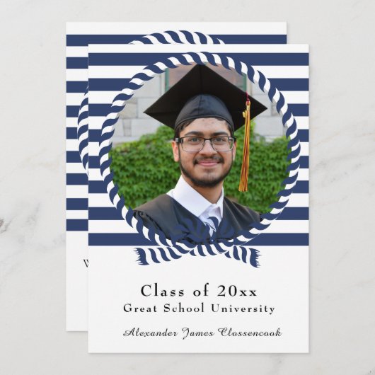 Nautical Photo Navy Blue White Strees Afstuderen Aankondiging (Voorkant / Achterkant)