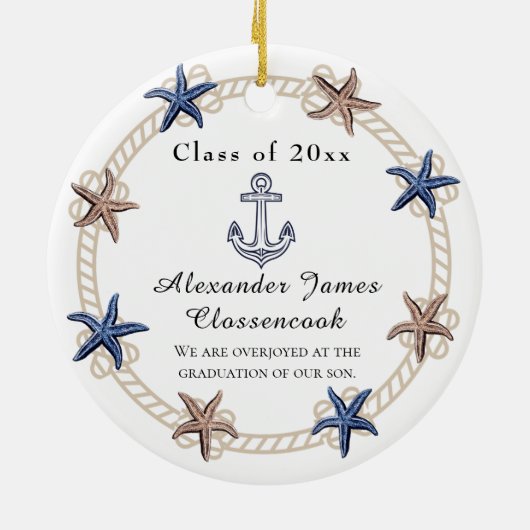 Nautical Photo Navy Blue White Strees Afstuderen Keramisch Ornament (Achterkant)