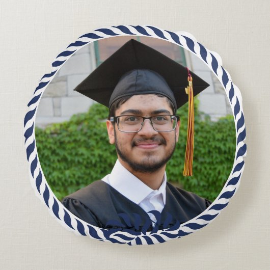 Nautical Photo Navy Blue White Strees Afstuderen Rond Kussen (Voorkant)