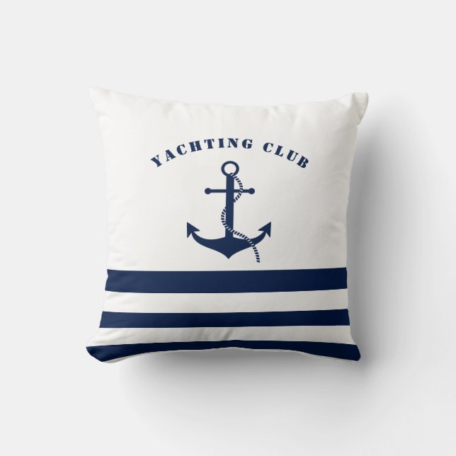 Nautical Pillow, Anchor, Blue and White, Maritime Kussen (Voorkant)