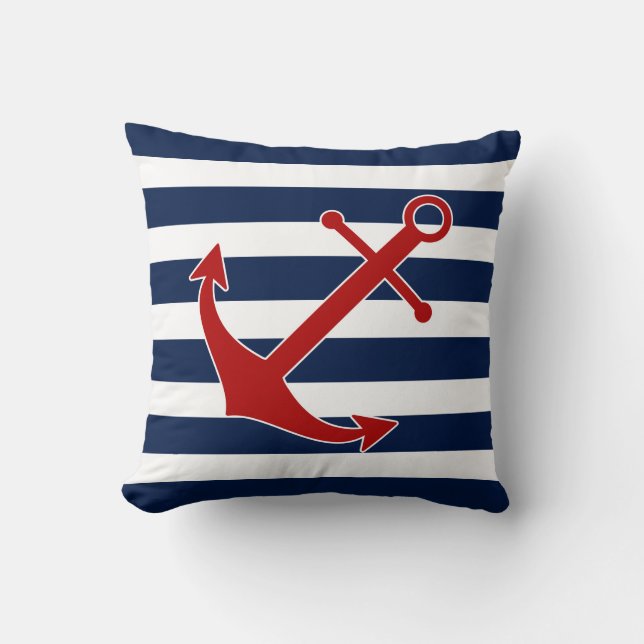 Nautical Pillow, Anchor, Blue and White Maritime Kussen (Voorkant)