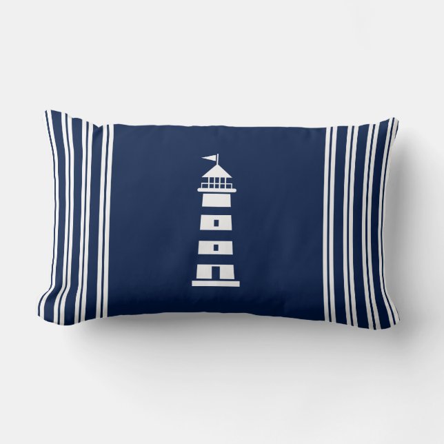 Nautical Pillow, Blue and White, Lighthouse Lumbar Kussen (Voorkant)