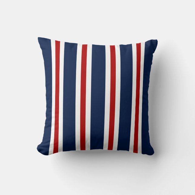 Nautical Pillow, Blue White Red Striped Pillow Kussen (Voorkant)