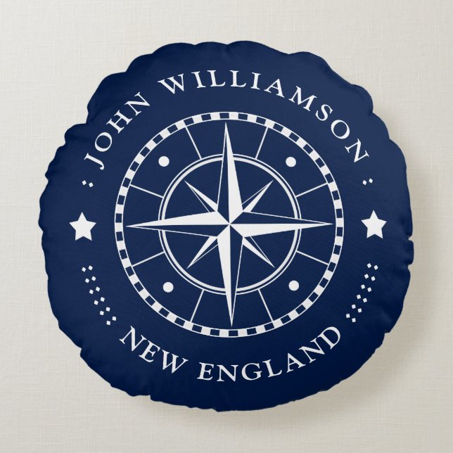 Nautical Pillow Compass Badge Blue White Nautical Rond Kussen (Voorkant)
