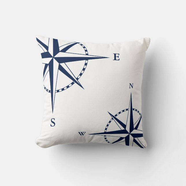 Nautical Pillow, Compass, Blue, White, Maritime Kussen (Voorkant)