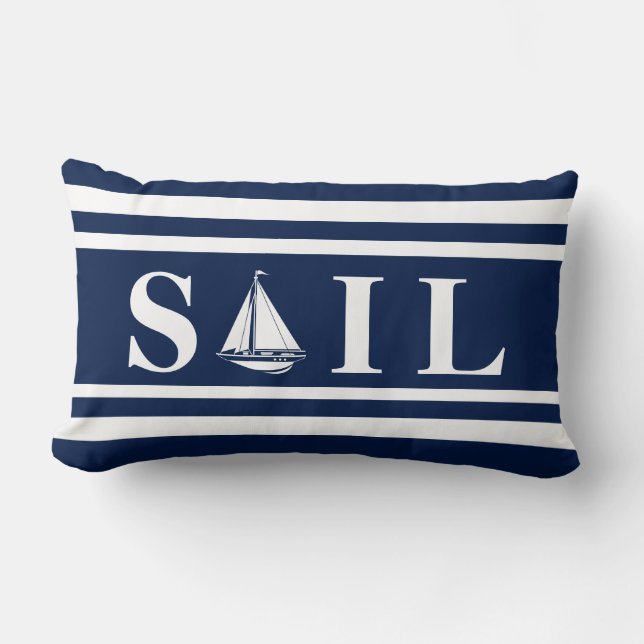 Nautical Pillow, Sailboot, Blue, White, Maritime Kussen (Voorkant)