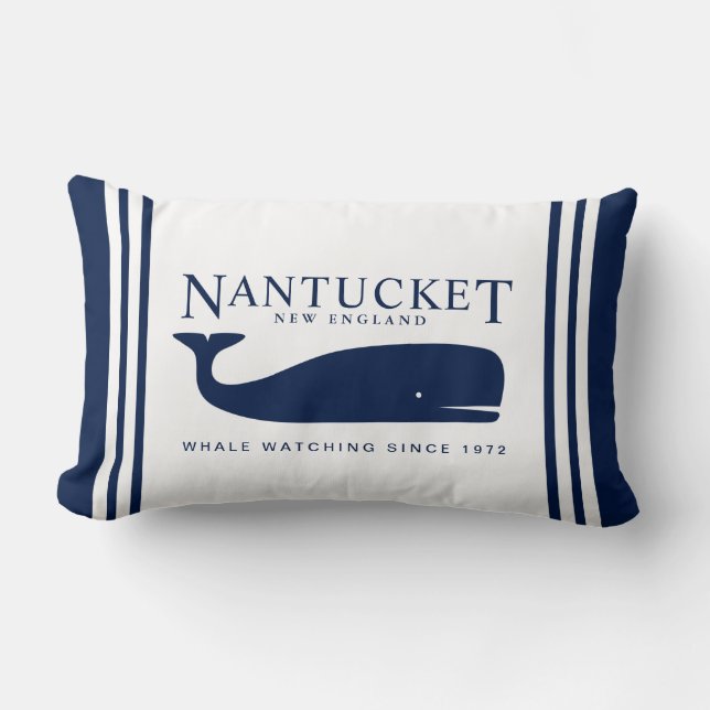 Nautical Pillow, Whale, Blue and White, Maritime Kussen (Voorkant)