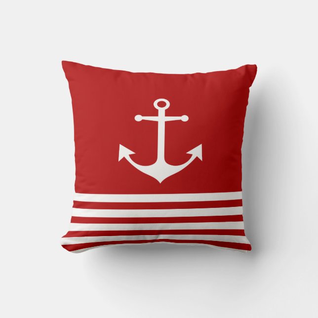 Nautical Pillow, White, Red Stripes, Anchor Pillow Kussen (Voorkant)