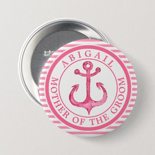 Nautical Pink Anchor Striped Wedding Party Button (Voorkant /achterkant)