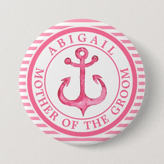Nautical Pink Anchor Striped Wedding Party Button (Voorkant)