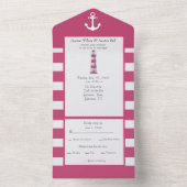 Nautical Pink and White Stripes All In One Uitnodiging (Binnen)