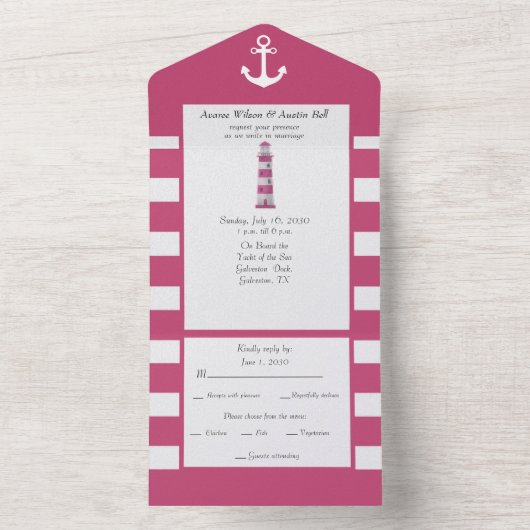 Nautical Pink and White Stripes All In One Uitnodiging (Binnen)